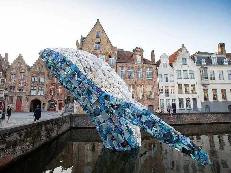 Chú cá voi xanh làm từ rác thải nhựa vươn lên từ dòng kênh ở Bruges, Bỉ