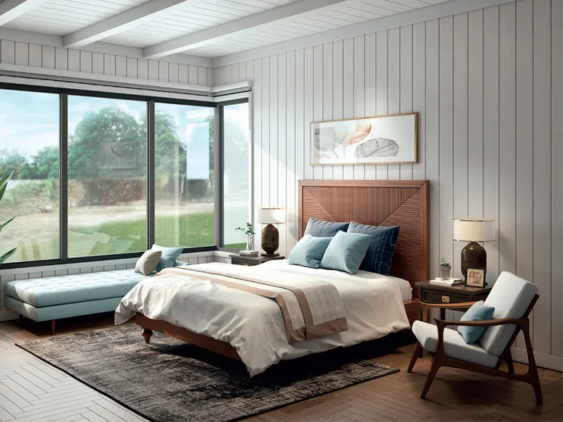 Không gian phòng ngủ hiện đại cùng plywood kiến trúc