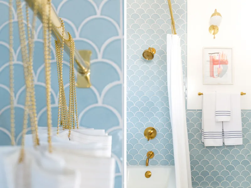 Before/After: cải tạo phòng tắm lỗi thời với gạch vảy cá màu thiên thanh lộng lẫy