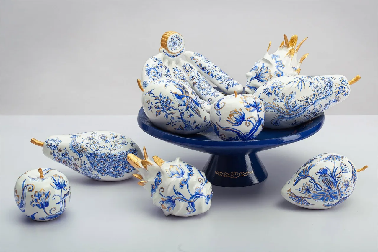 xuan lam gom su men xanh trang delft The Dutch Vietnamese Five fruit Tray