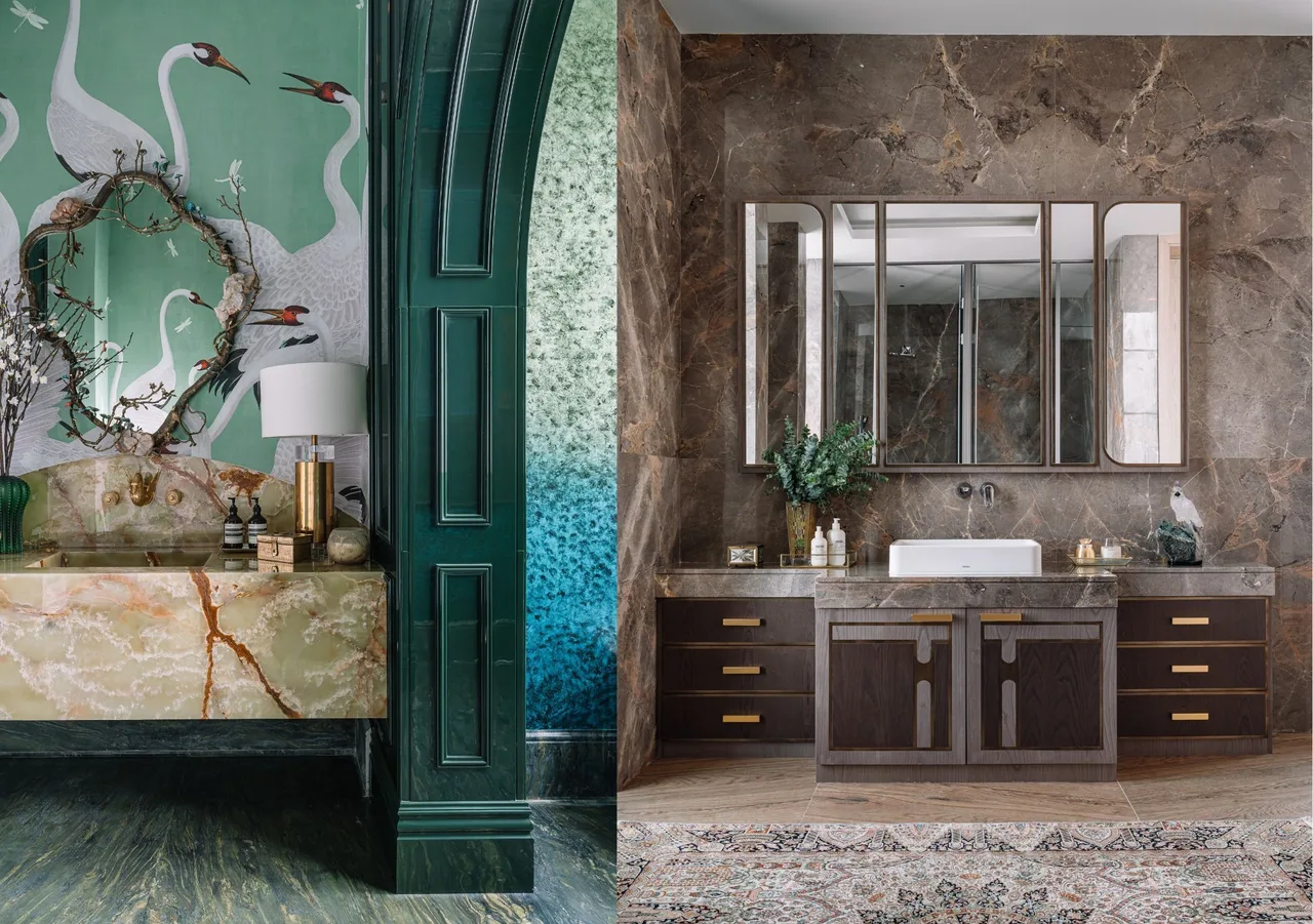 noi that maximalism phong tam giay dan tuong da cam thach orchard house